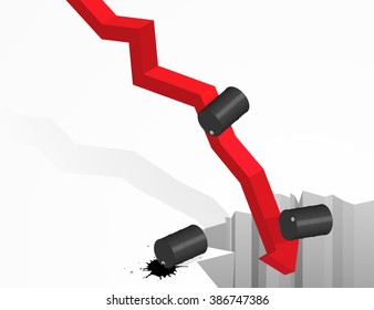 Oil crisis graph concept. Oil prices are falling on business market. Arrow with rolling oil barrels going in to the deep abyss. Isometric vector illustration