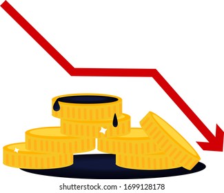 Oil crisis. Money coins in oil and arrow dawn icon over white background, flat style, the oil crash concept design, vector illustration.oil price crisis