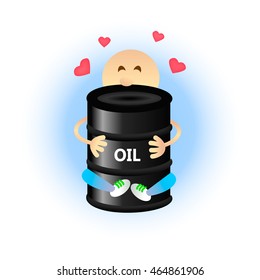 Oil dependence problem concept. Economic and ecological problem. A man in love hugging barrel. Flat style vector illustration.