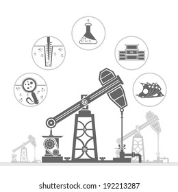 oil derrick and circle icons with stages of process oil production 