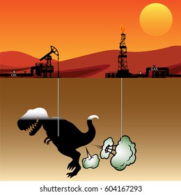 Oil derrick and gas rig pumping from fossilized farting dinosaur (cross section)