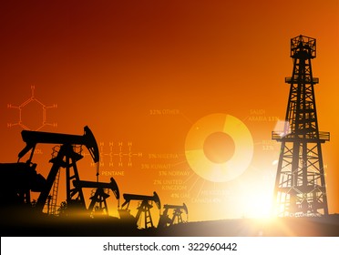 Oil derrick industrial machine for drilling at the sunset. Oil derrick infographic with stages of process oil production. Oil field over sunset. Vector illustration. 