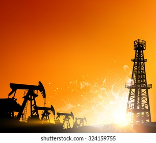 Oil derrick industrial machine for drilling at the sunset. Polygonal form with dots and lines. Abstract futuristic background with dots and lines. Oil field over sunset. Vector illustration. 