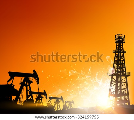 Oil derrick industrial machine for drilling at the sunset. Polygonal form with dots and lines. Abstract futuristic background with dots and lines. Oil field over sunset. Vector illustration. 