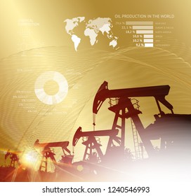Oil derrick infographic with stages of process oil production. Industrial image with golden style. Vector illustration.