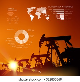 Oil derrick infographic with stages of process oil production.