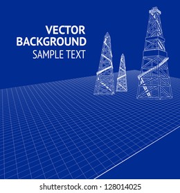 Oil derrick over blueprint. Vector illustration, eps 10, contains transparencies.