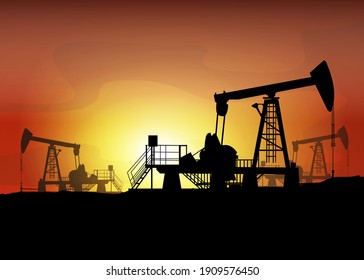 Oil derrick. Pump jack in sunset landscape. Petroleum-producing. Vector silhouette