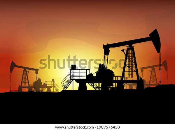 Oil derrick. Pump jack in sunset landscape.\
Petroleum-producing. Vector\
silhouette