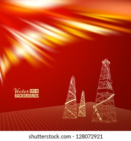 Oil derrick with red backdrop. Vector illustration, contains transparencies, gradients and effects.