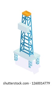 Oil derrick, rig. Extraction and storage of minerals. Oil derrick, modern construction for exploration and machine for drilling of wells in Earth, for production resources. Isometric vector.