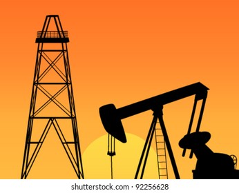 Oil derrick at sunset background. Oil rig and orange sky illustration.