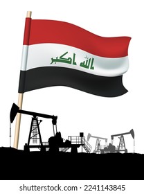 Oil derrick. Vector Pump jack silhouette and Iraq flag. Petroleum-producing