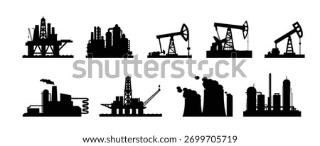 Oil derricks and gas extraction pump mining stations icons set. Vector isolated symbols of oil drilling sea platform, pipeline refinery and industrial fuel plant or factory with smoke of blast furnace