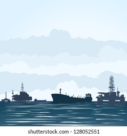 Oil derricks at the ocean and the tankers, transporting oil products.