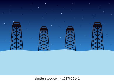 Oil derricks in winter Siberia. Vector illustration.
