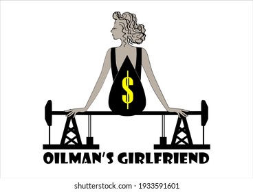 Desarrollo petrolero. Símbolo femenino de capitalismo bombeando petróleo y minerales. Ilustración Para Camiseta O Afiche. 