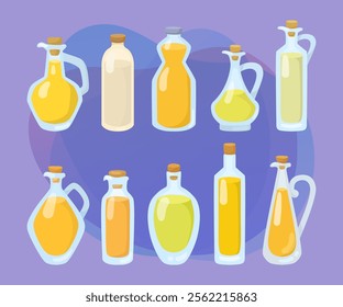 Oil in different glass bottles vector illustrations set. Collection of cartoon drawings of cooking oil, yellow liquid in bottles of different shapes on purple background. Organic food concept