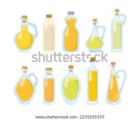 Oil in different glass bottles vector illustrations set. Collection of cartoon drawings of cooking oil, yellow liquid in bottles of different shapes isolated on white background. Organic food concept