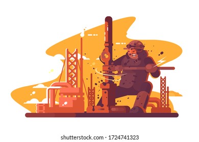 Oil digger repairing pipe vector illustration. Man in boilersuit and helmet working flat style design. Oil production concept. Isolated on white background