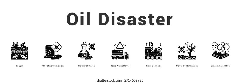 Desastre de petróleo Ilustración de Anuncio de Web moderno y limpio con íconos temáticos para la comunicación visual