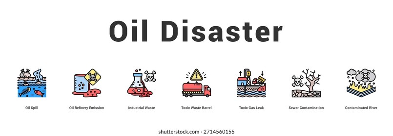Desastre de petróleo Ilustración de Anuncio de Web moderno y limpio con íconos temáticos para la comunicación visual
