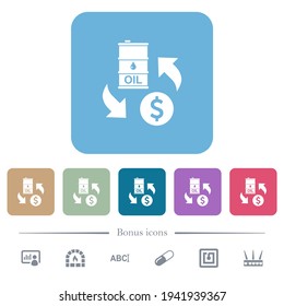 Oil Dollar exchange white flat icons on color rounded square backgrounds. 6 bonus icons included