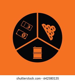 Oil, dollar and gold chart concept icon. Orange background with black. Vector illustration.