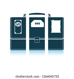 Oil, dollar and gold dividing briefcase concept icon. Shadow reflection design. Vector illustration.