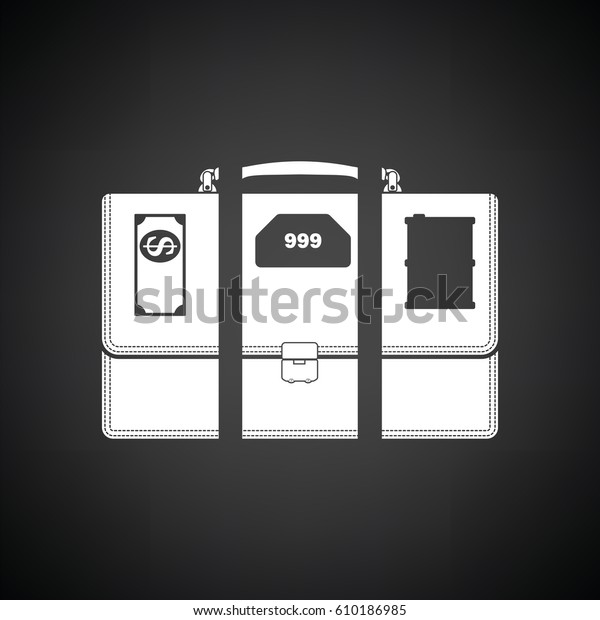 Oil, dollar and gold\
dividing briefcase concept icon. Black background with white.\
Vector illustration.