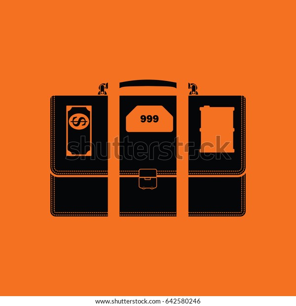 Oil, dollar and gold\
dividing briefcase concept icon. Orange background with black.\
Vector illustration.