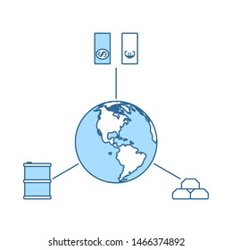 Oil, Dollar And Gold With Planet Concept Icon. Thin Line With Blue Fill Design. Vector Illustration.