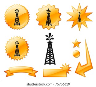 Oil Drill Icon on Orange Burst Banners and Medals Original Vector Illustration