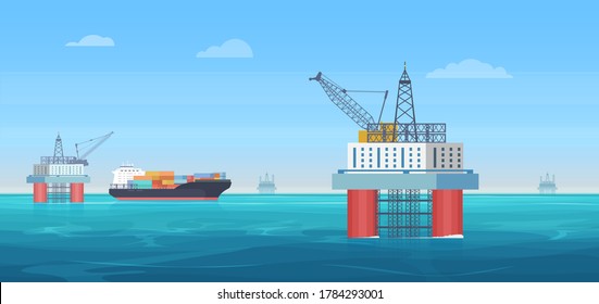 Oil drill platform vector illustration. Cartoon flat ocean or sea landscape with drilling rig tower, ship tanker for gas fuel extraction production and transportation, oil industry offshore background