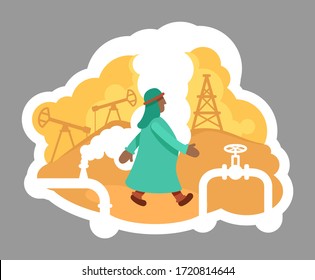 Oil driller 2D vector web banner, poster. Gas extraction, petroleum production. Arabian businessman flat characters on cartoon background. Refinery printable patches, colorful web elements
