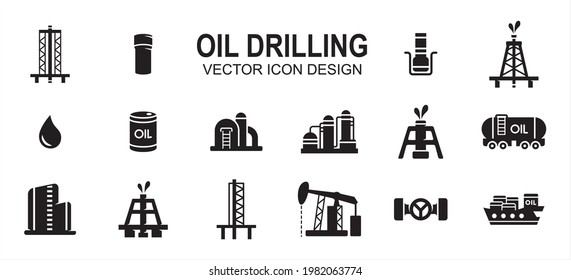 Oil drilling industry related vector icon user interface graphic design. Contains such icons as rig, tower, bor, drill, driller, oil, tank, distillery, pump, truck, pipe, spurt, squirt, valve,