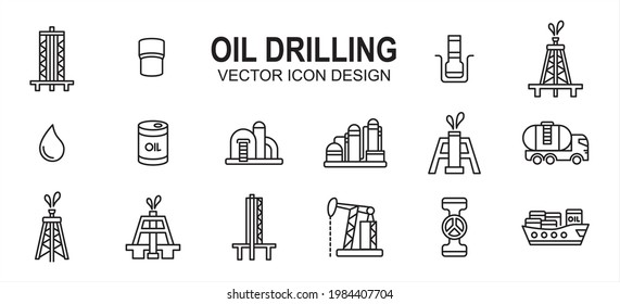 Diseño gráfico de interfaz de usuario de iconos vectoriales relacionados con la industria de la perforación petrolífera. Contiene iconos tales como plataforma, torre, puerto, taladro, taladro, aceite, tanque, destilería, bomba, camión, tubería, espuma, ardilla, válvula,