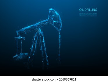 oil drilling machine low poly wire frame. petroleum fuel industry concept. Oil well rig jack line and point. vector illustration futuristic style. isolated on blue dark background. 