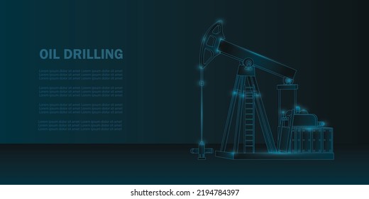 Oil Drilling Machine In Low Poly Wireframe Style. Petroleum Fuel Industry Futuristic Concept. Oil Well Rig Jack Vector Illustration With Dots, Lines And Lights Isolated On Blue Dark Background.