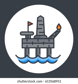 oil drilling platform icon, offshore rig, flat style with outline, vector illustration