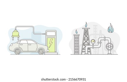 Ölbohrplattform und Ladung von Elektroautos an Ladestellen. Alternative erneuerbare Energiequellen, Vektorgrafik