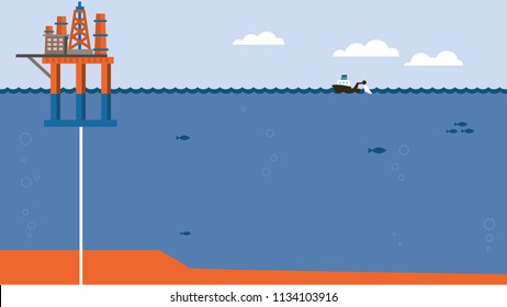 Oil Drilling Rig, Drilling Into The Ocean Floor - Flat Icon Illustration