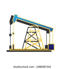 Oil drilling rig sign. Blue icon with gold contour with dark gray shadow at white background. Illustration.