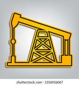Oil drilling rig sign. Flat orange icon with overlapping linear black icon with gray shadow at whitish background. Illustration.