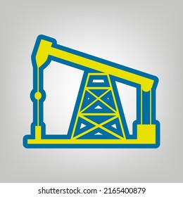 Oil drilling rig sign. Icon in colors of Ukraine flag (yellow, blue) at gray Background. Illustration.