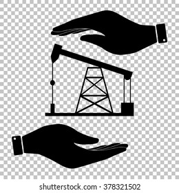 Oil drilling rig sign. Save or protect symbol by hands.