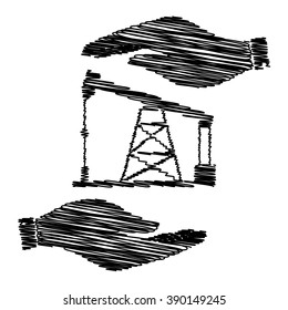Oil drilling rig sign. Save or protect symbol by hands with scribble effect.