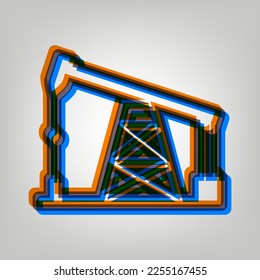 Oil drilling rig sign. Stroked Icon in orange, azure and old lavender Colors at gray Background. Illustration.
