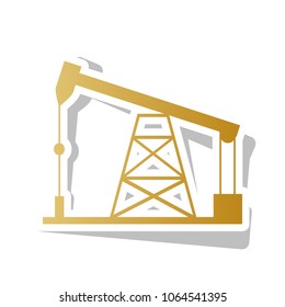 Oil drilling rig sign. Vector. Golden gradient icon with white contour and rotated gray shadow at white background.