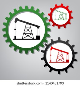 Oil drilling rig sign. Vector. Three connected gears with icons at grayish background.